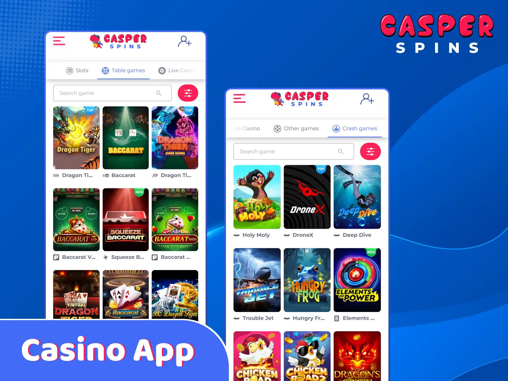Play online casino games directly in the Casper Spins mobile app.