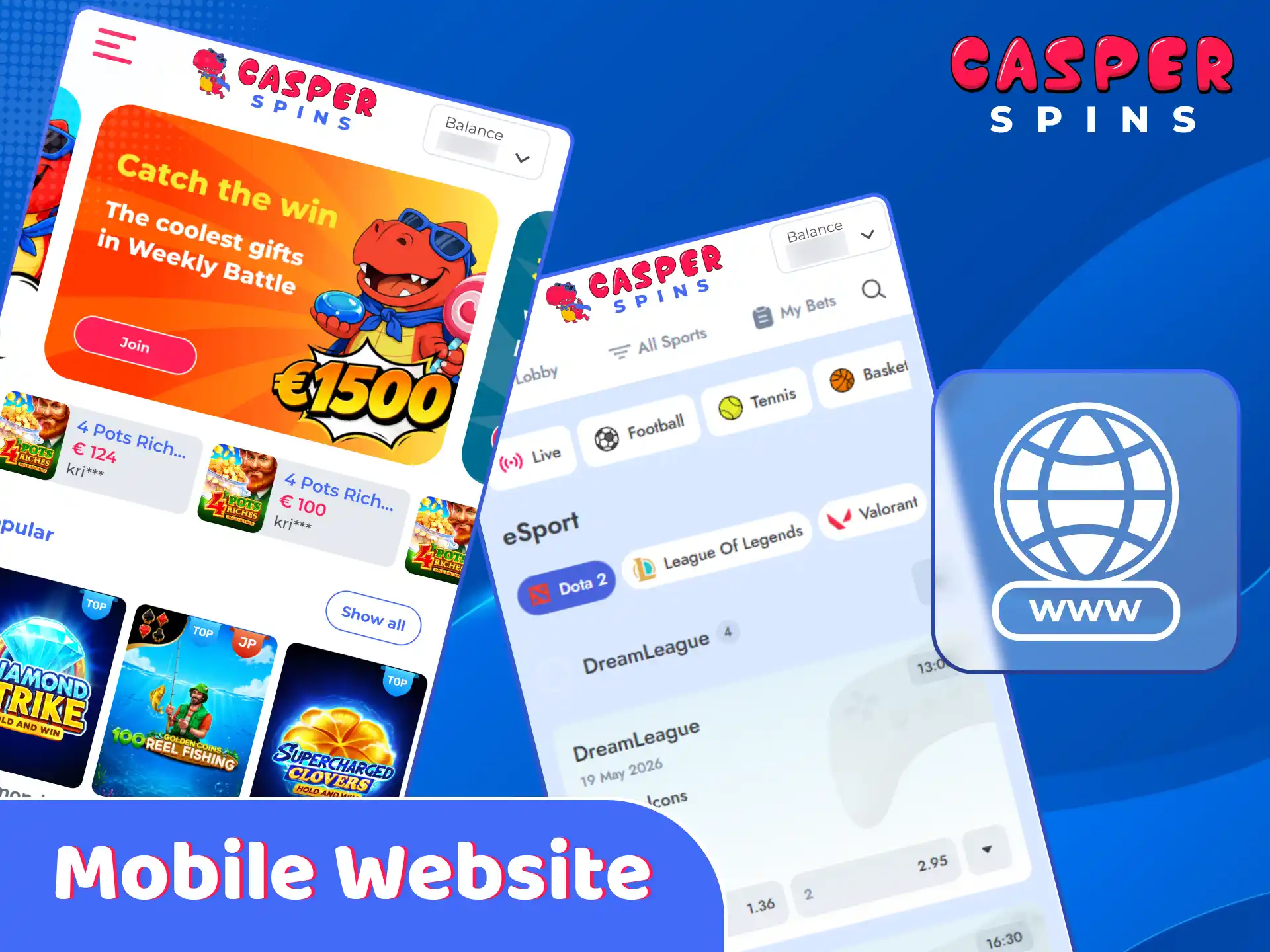 Access the Casper Spins mobile website version on any browser.