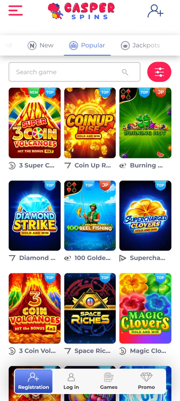 Browse the online casino section inside the Casper Spins app.