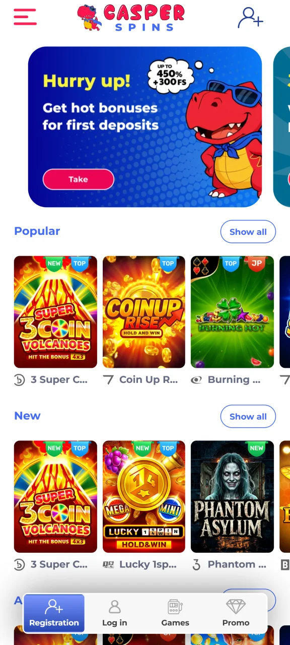 View the home screen of the Casper Spins mobile application.