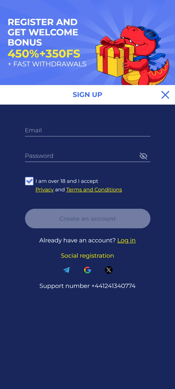 Open the mobile registration form to create a Casper Spins account.