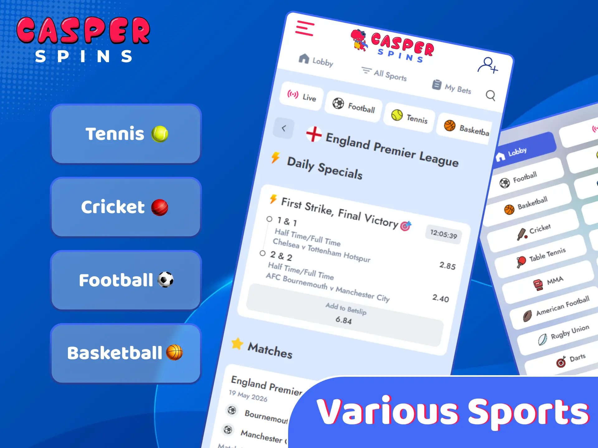 Explore various sports and betting markets in the Casper Spins app.