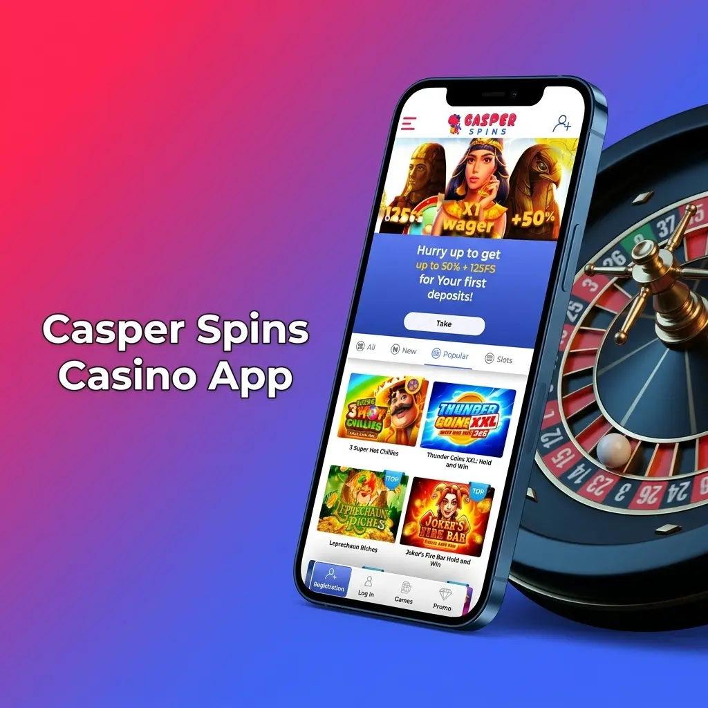 Casper Spins casino app interface showing live events, slots, table games, and live dealer options on mobile