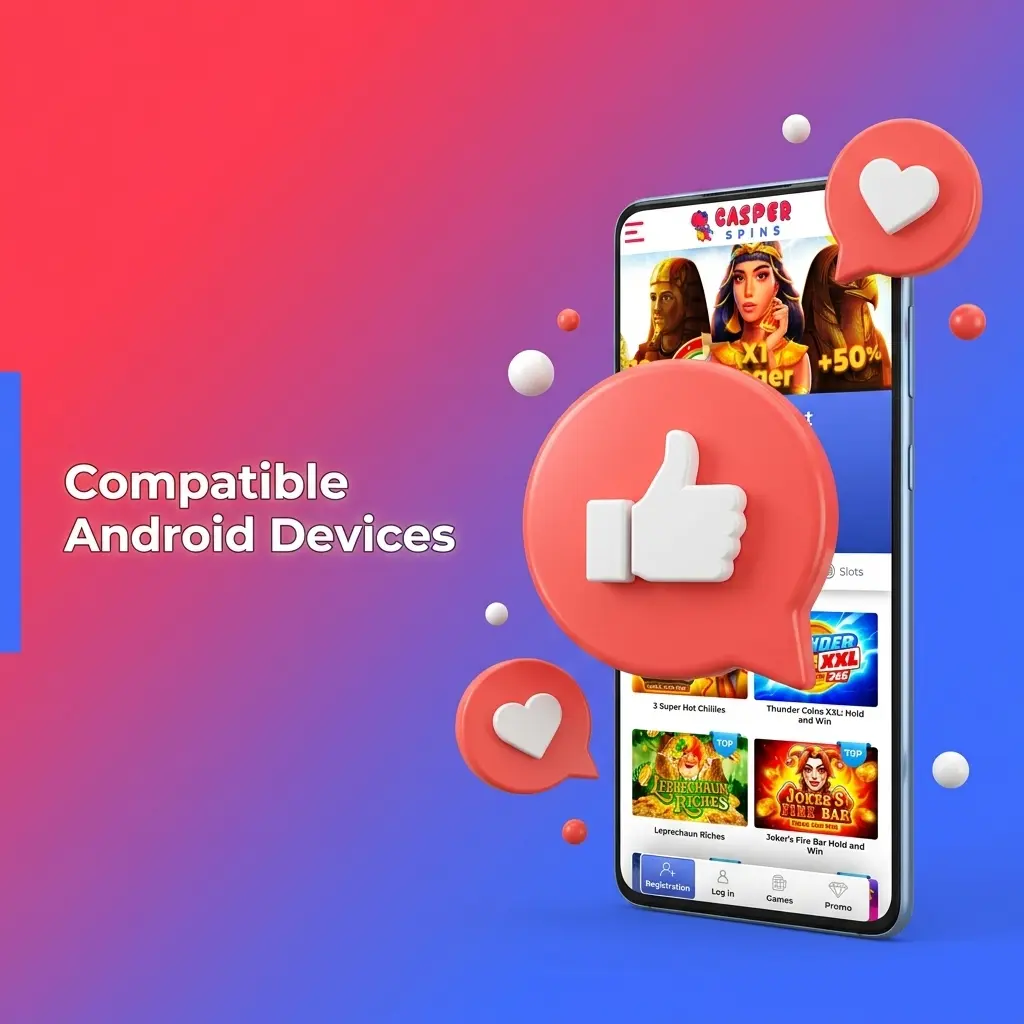 Compatible Android devices for Casper Spins app including Samsung Galaxy, Google Pixel, OnePlus, and Sony Xperia models