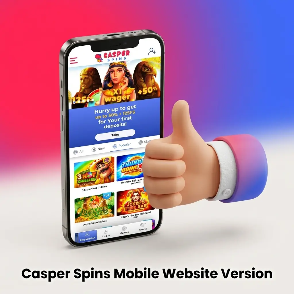 Casper Spins mobile website displayed on a smartphone, showing sports betting and casino games with no download required.