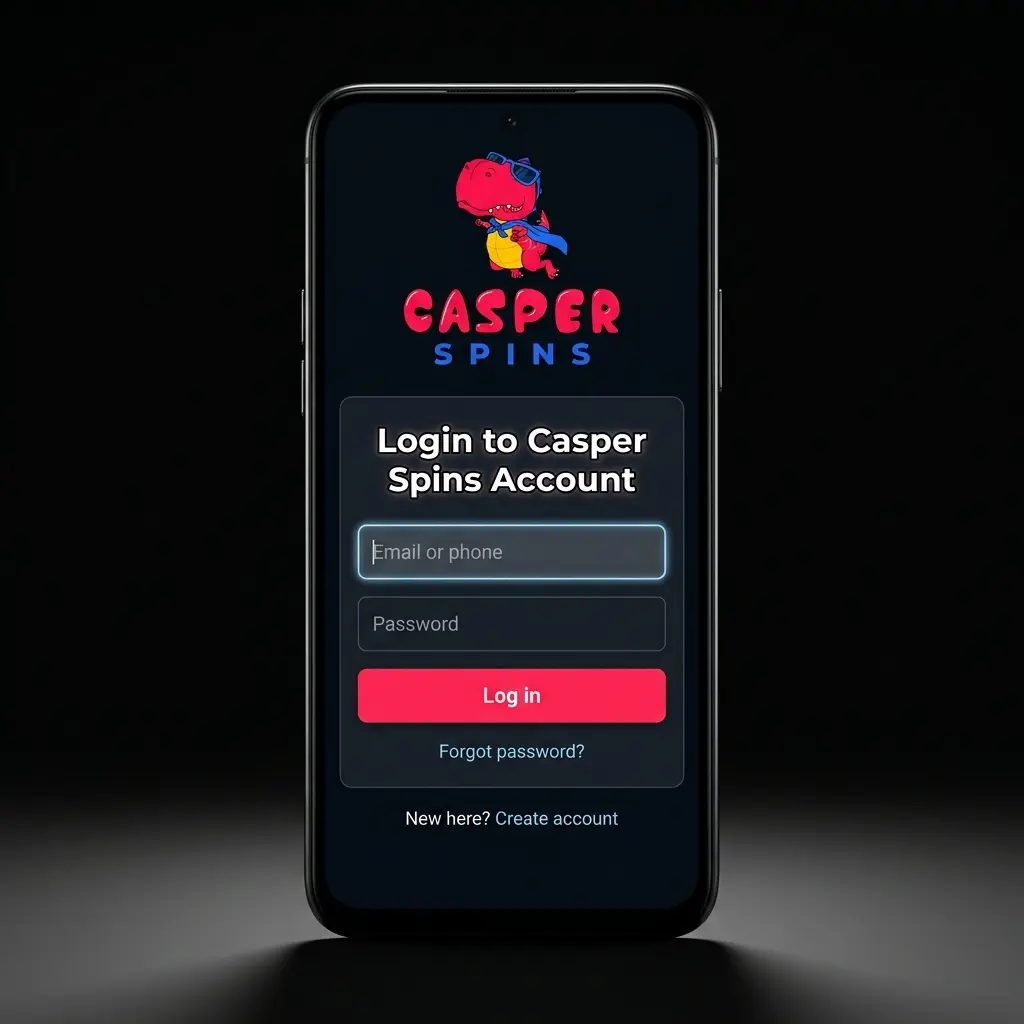 Casper Spins login page showing email and password fields for secure account access