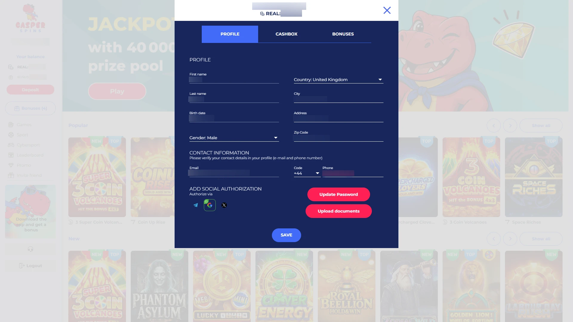 Click the sign-in button to access your Casper Spins account.