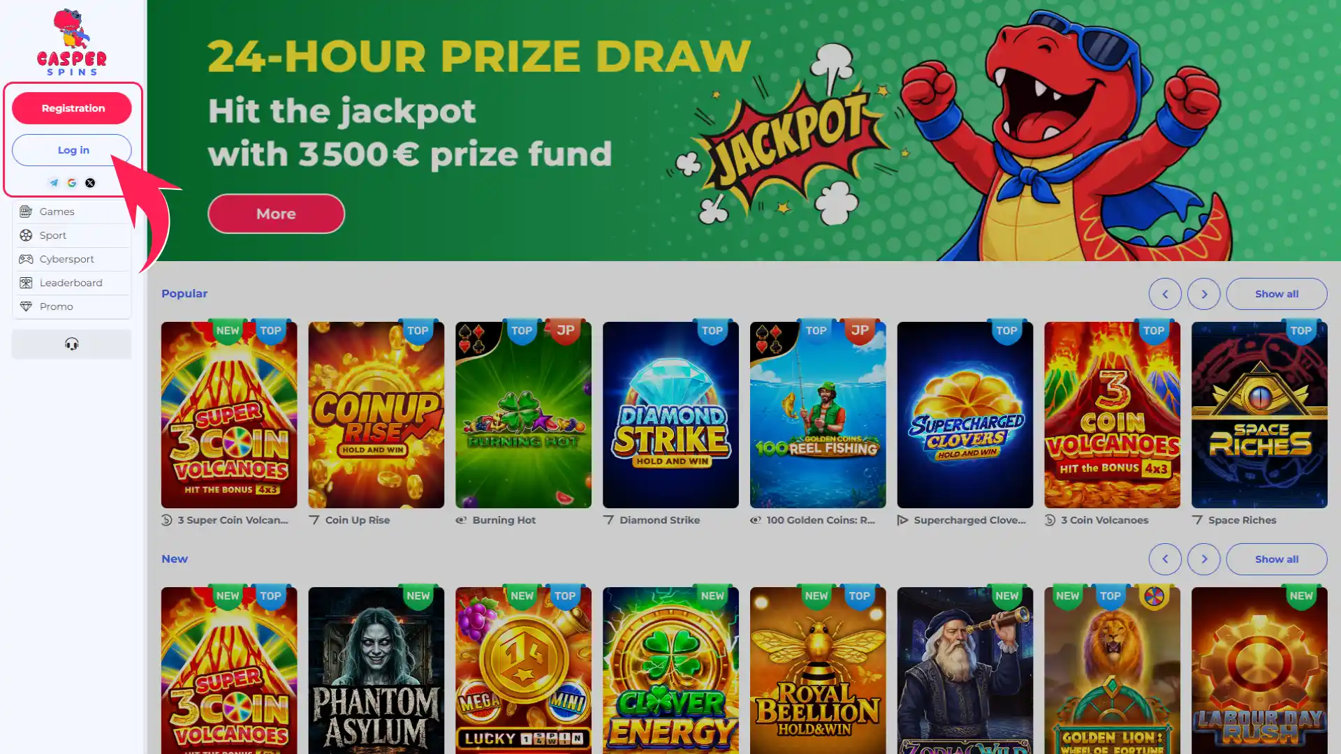 Sign in or create a new Casper Spins account to begin.
