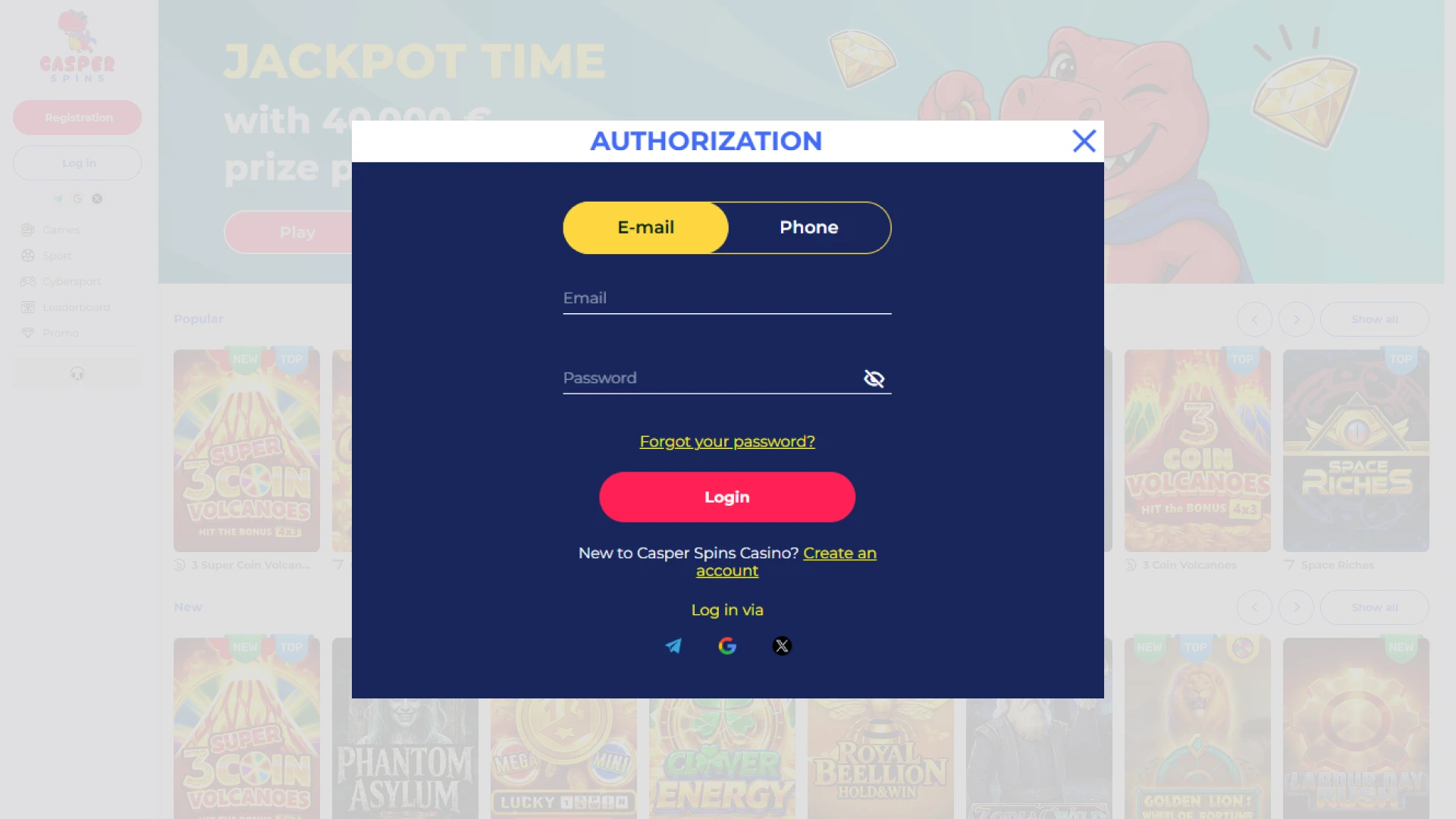 Open the Casper Spins login page on your device.