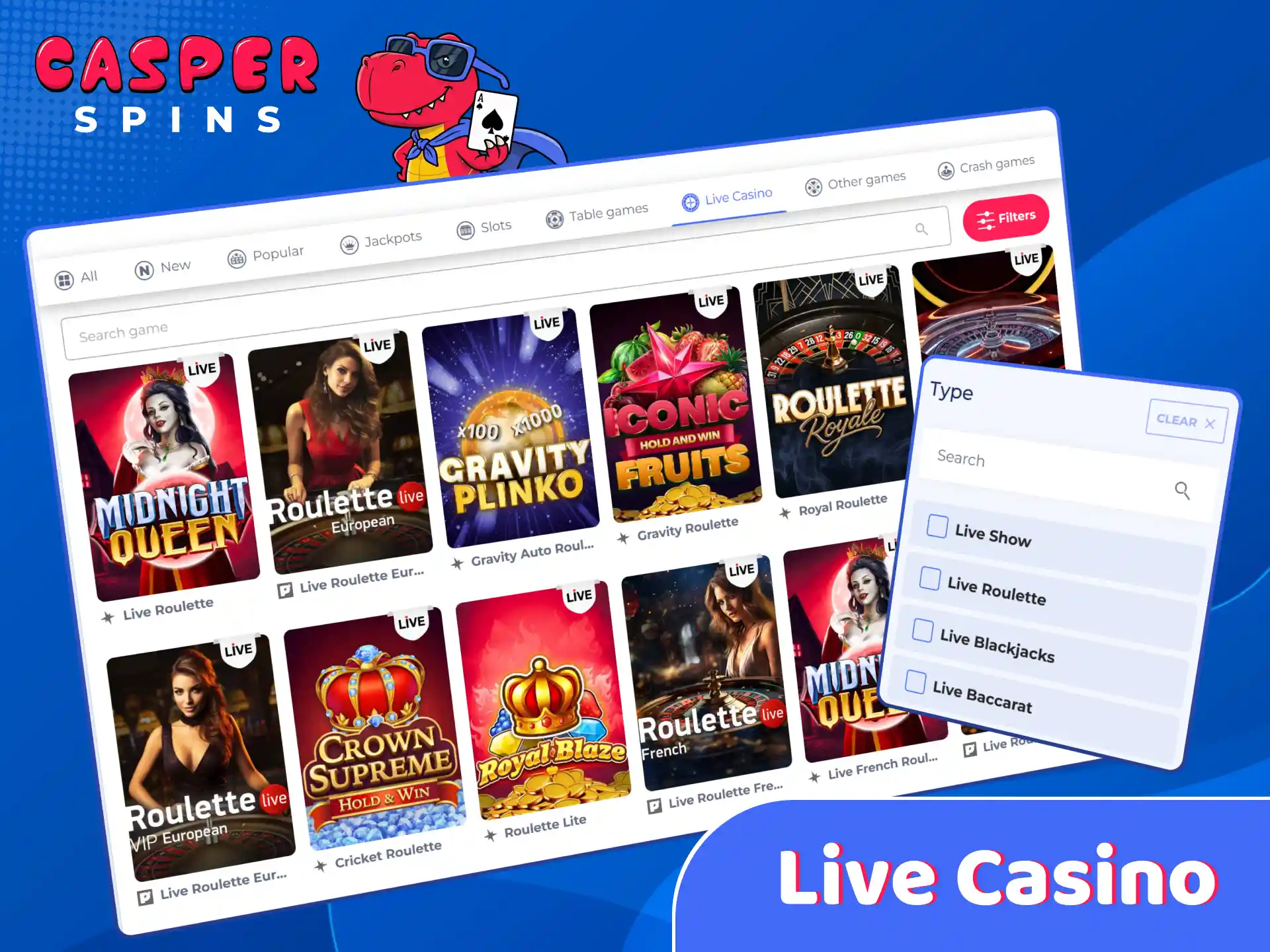 Play real-time live casino games with professional dealers at Casper Spins.