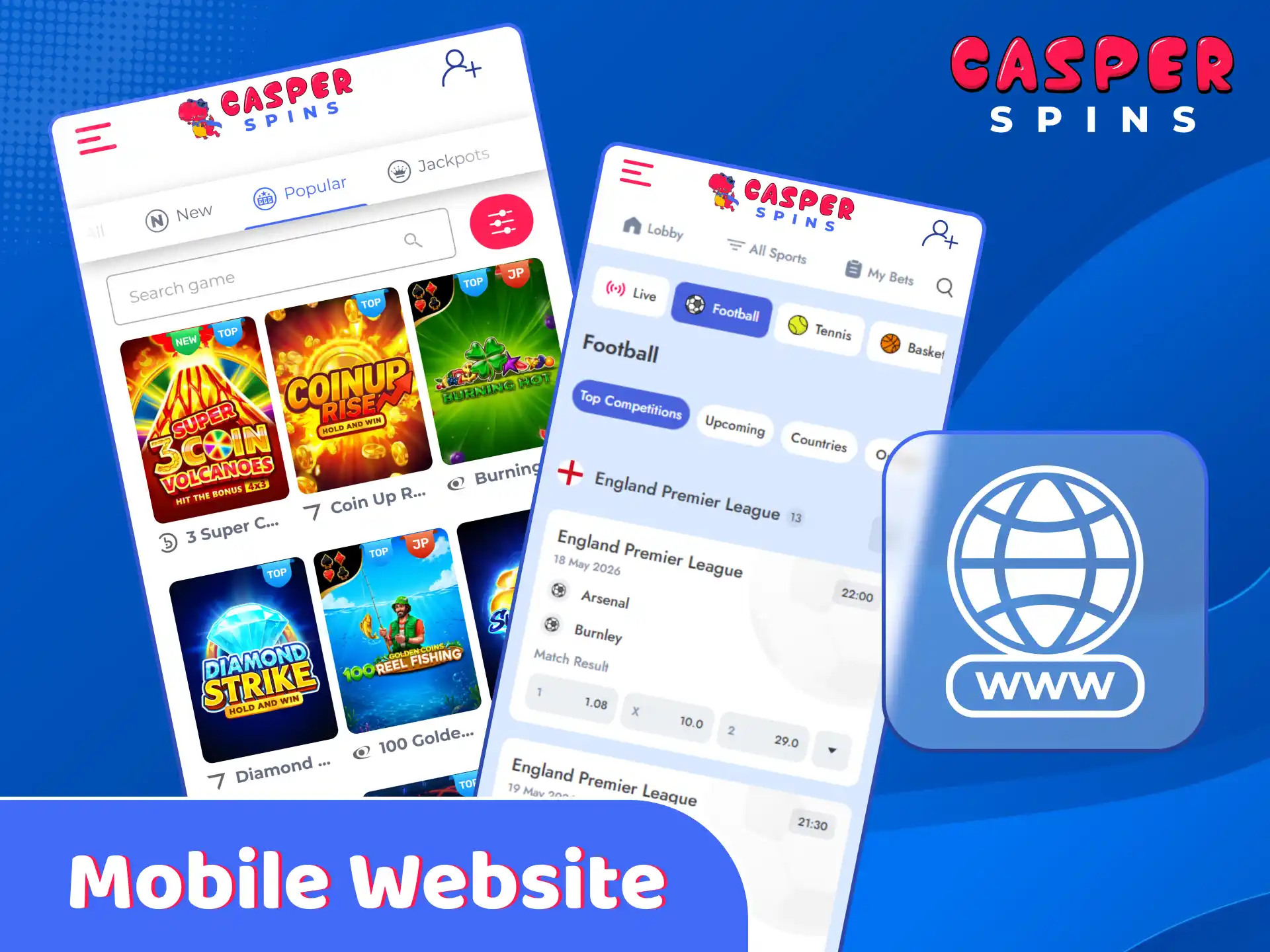 Play games anytime using the fully optimized Casper Spins mobile website.