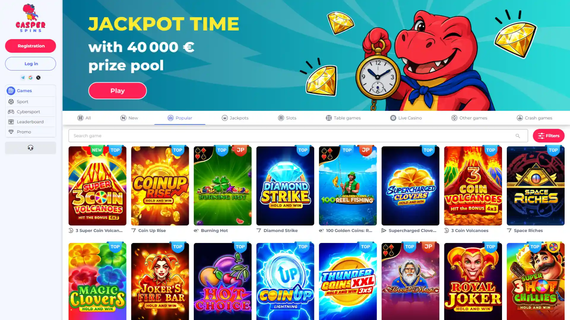 Browse the Casper Spins online casino games and slot lobby.