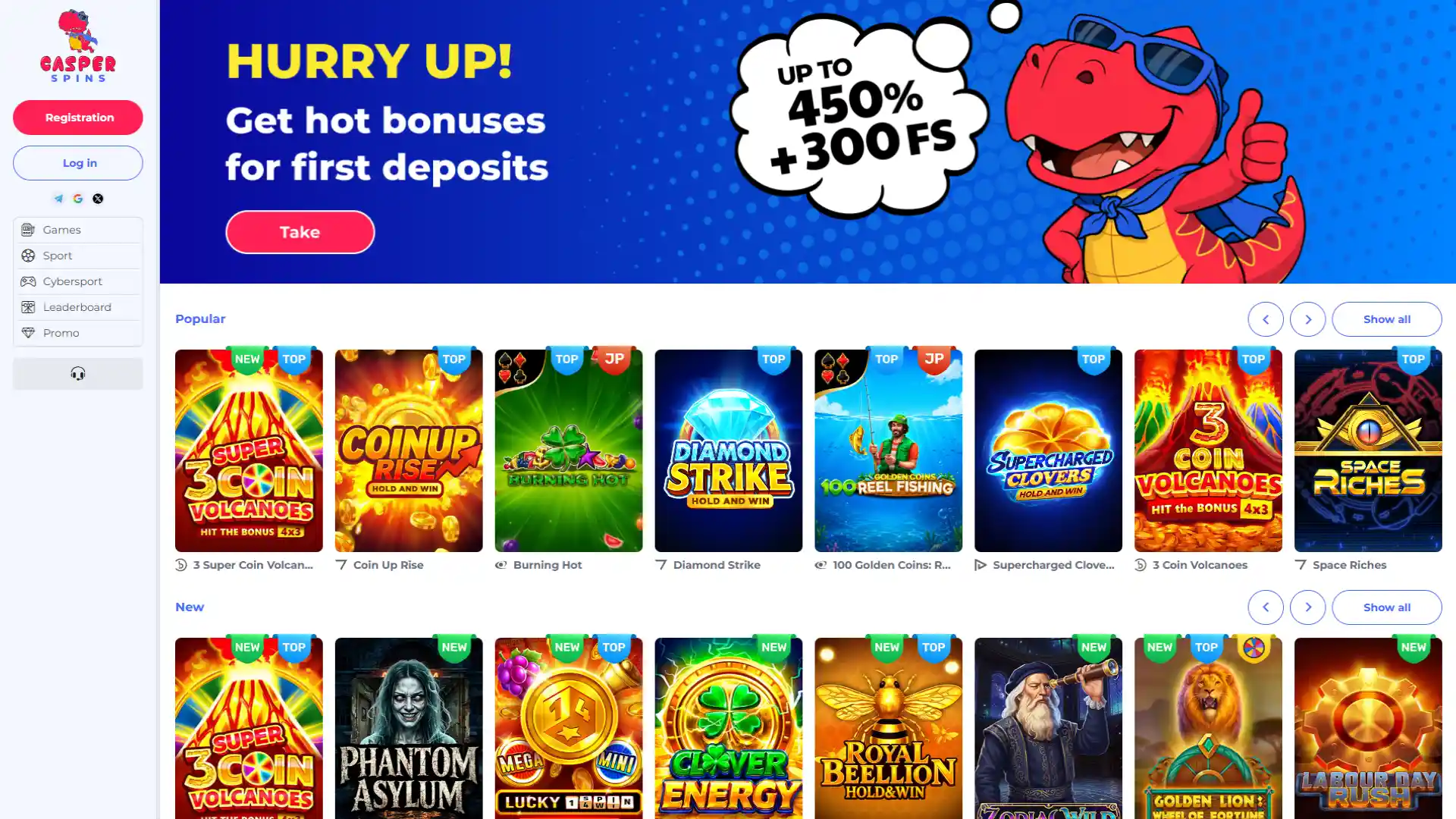 View the Casper Spins main page interface for UK players.