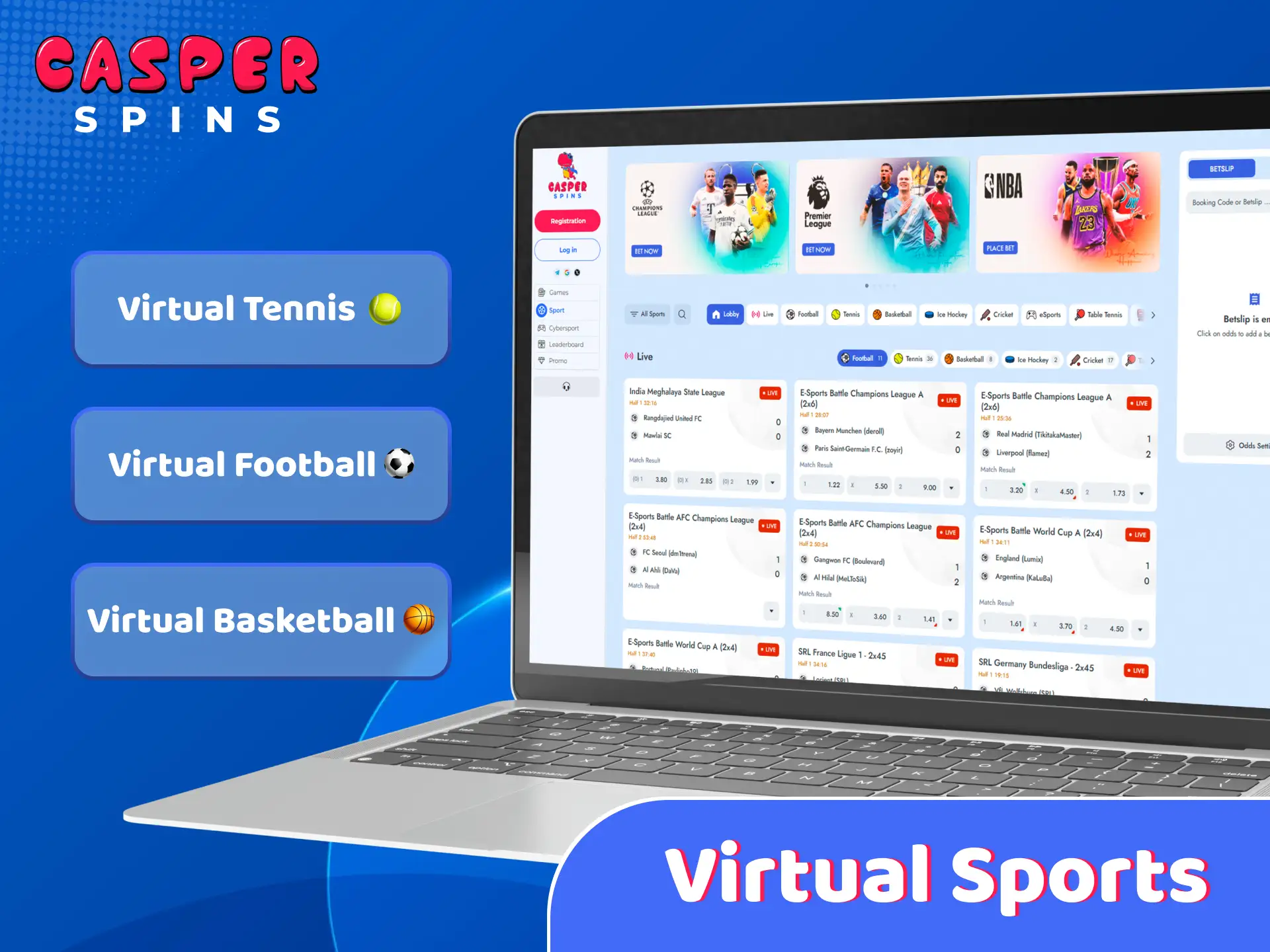 Explore virtual sports betting options and digital leagues at Casper Spins.