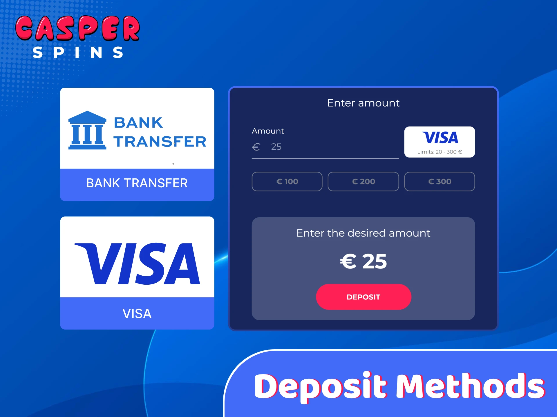 View popular deposit methods available for UK players on Casper Spins.