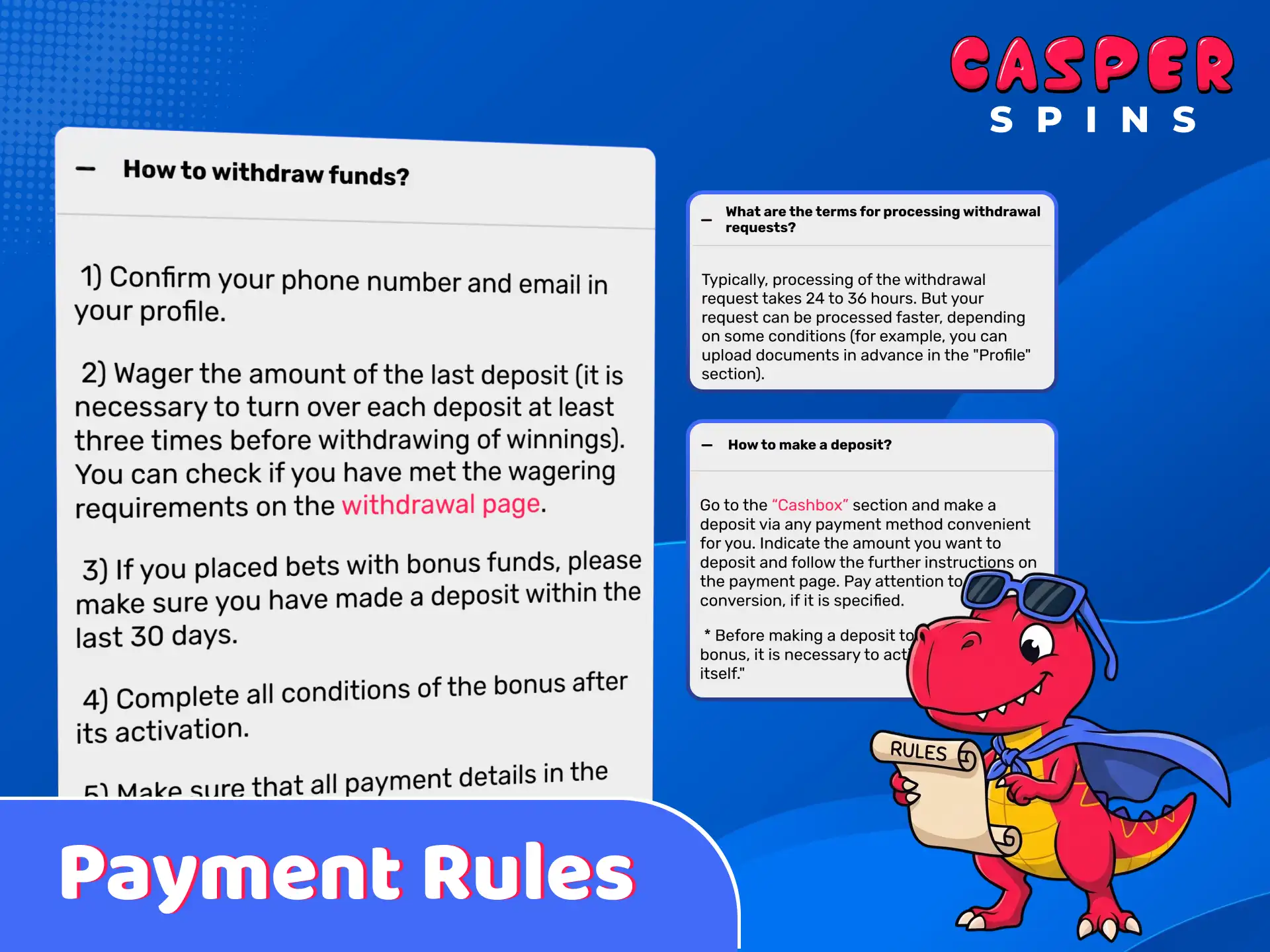 Review the payment rules and terms and conditions at Casper Spins.