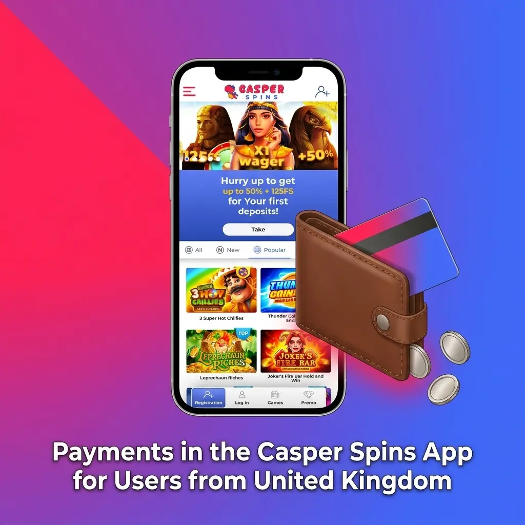 Casper Spins app payment methods for UK users including Visa, Mastercard, Bitcoin, Tether, and Binance Pay