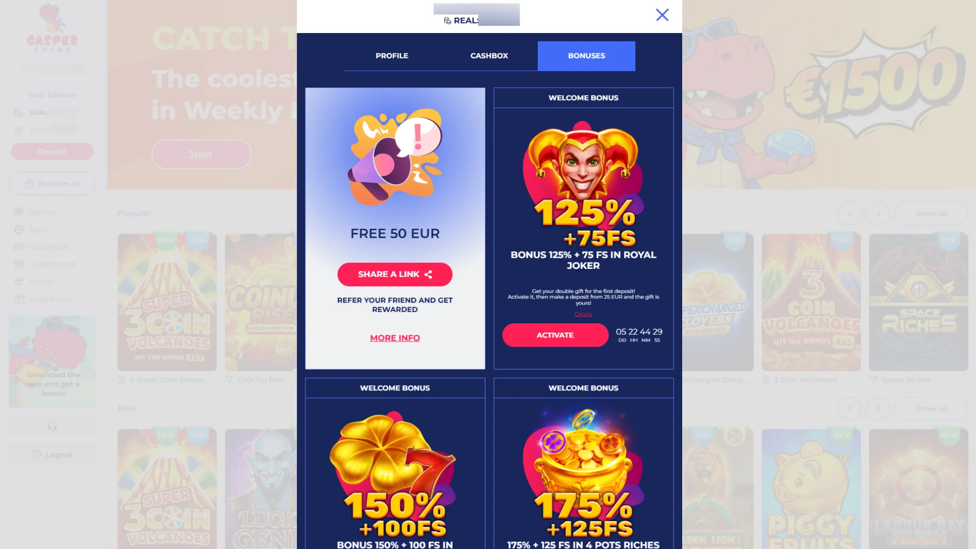 Opt in to the welcome bonus promotional offer at Casper Spins.