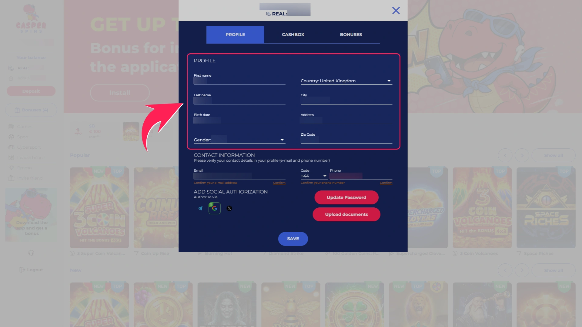 Choose your account settings and preferred currency at Casper Spins.