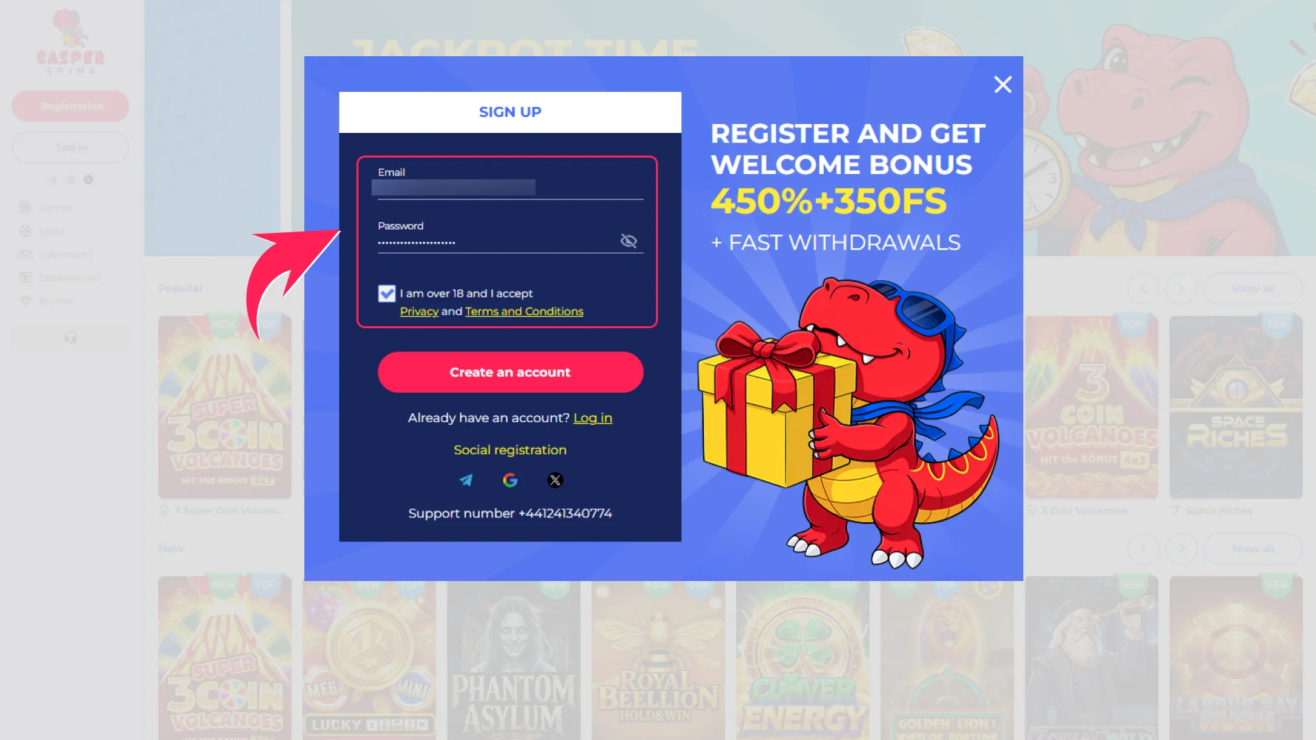 Enter your personal details into the Casper Spins sign up form.