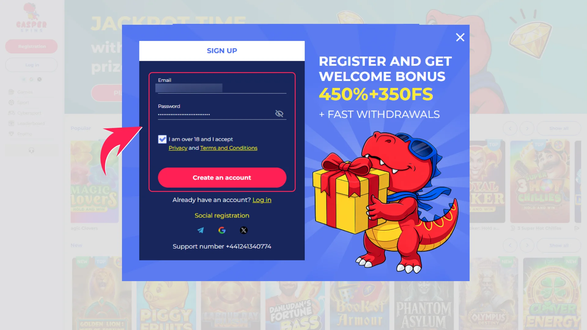 Register your new account on the official Casper Spins platform.