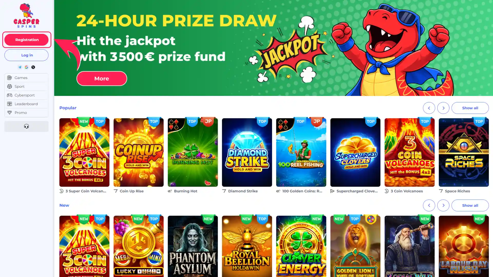Click the sign up button to start Casper Spins registration.