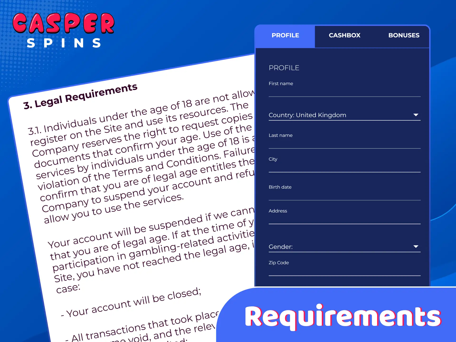 Review the registration requirements for creating a Casper Spins account.