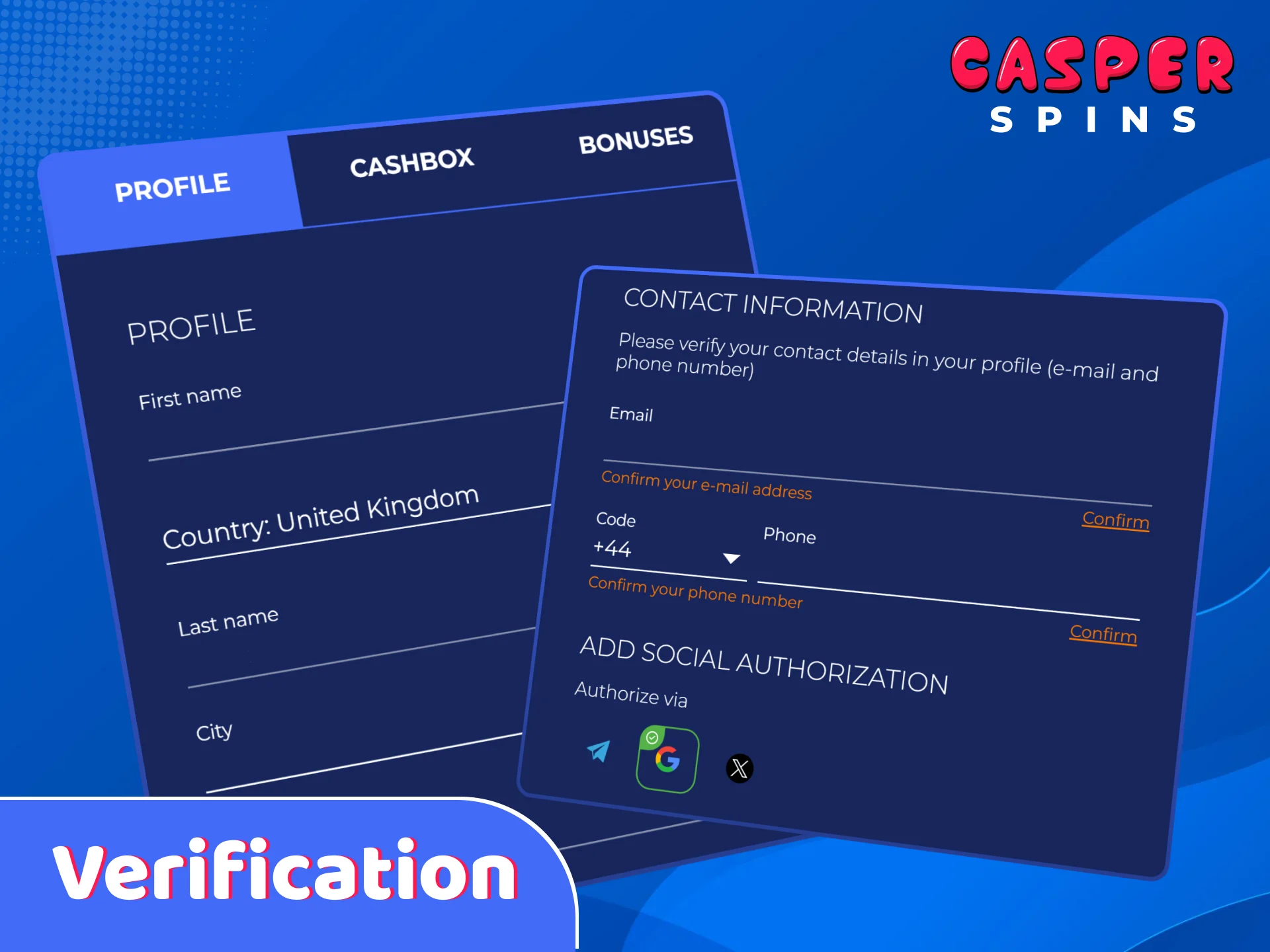 Follow the account verification process to secure your Casper Spins profile.