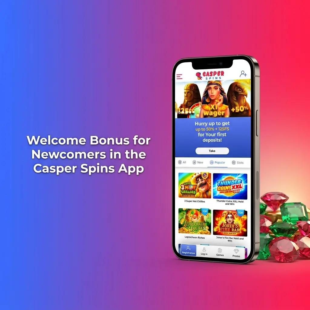 Casper Spins app welcome bonus showing 50% first deposit offer with 125 free spins for casino or sports options
